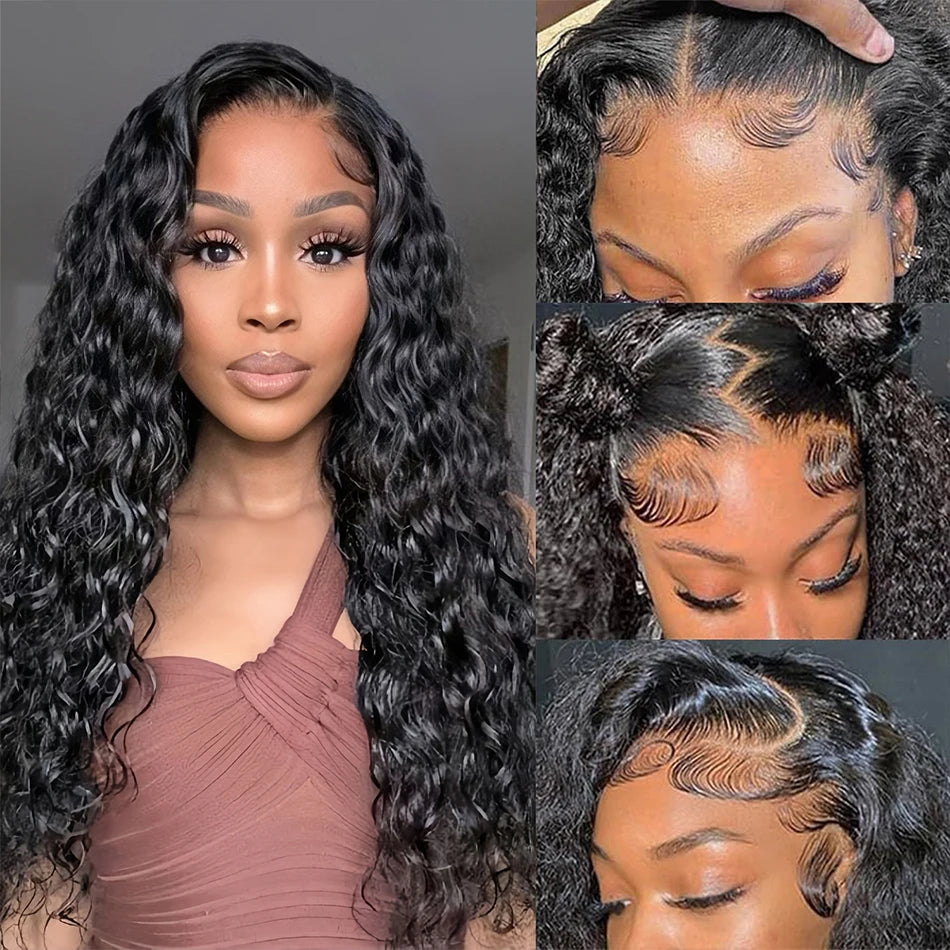 100% Brazilian Human Hair 13x6 Water Wave HD Lace Front Wig 180% Density Glueless Pre Plucked Deep Curly 5x5 HD Lace Closure Wig