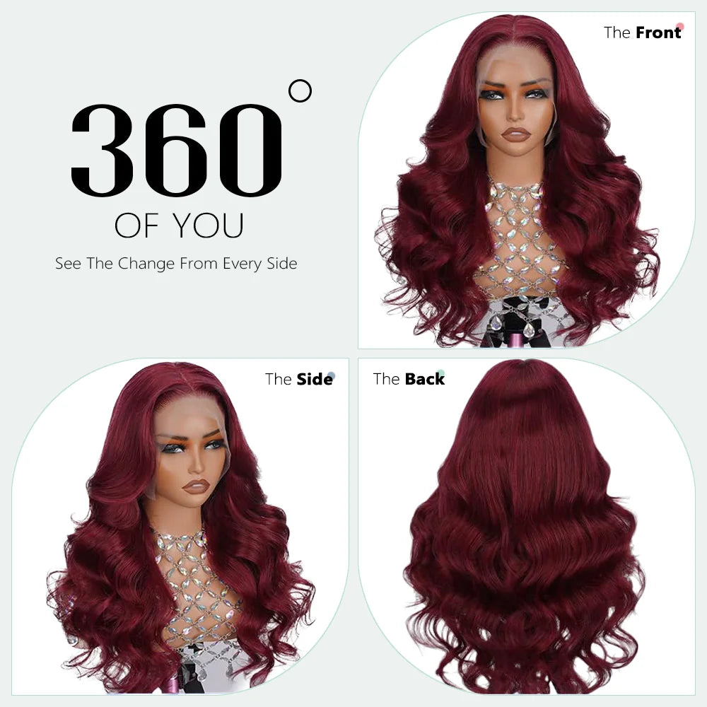 Body Wave Burgundy 40 Inches Long-length 200% High Density 13x6 13x4 HD Transparent Lace Frontal Wig Human Hair Wigs 99J Wine Red Pre Plucked Brazilian Hair For Women