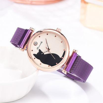 Women Fashion Watches Quartz Wristwatch Purple Mesh Belt Cat Dial