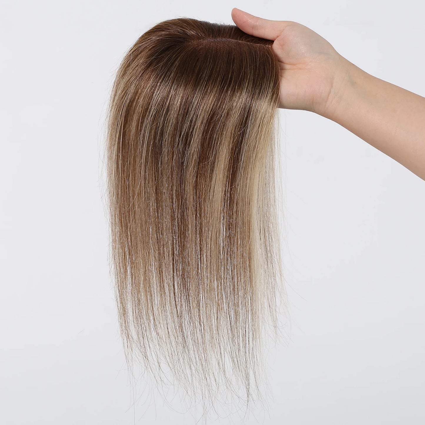 Brown Mixed Blonde Human Hair Toppers Middle Part 100% Remy Human Hair Straight Lace Base Clip in Hairpieces for Women Loss Hair