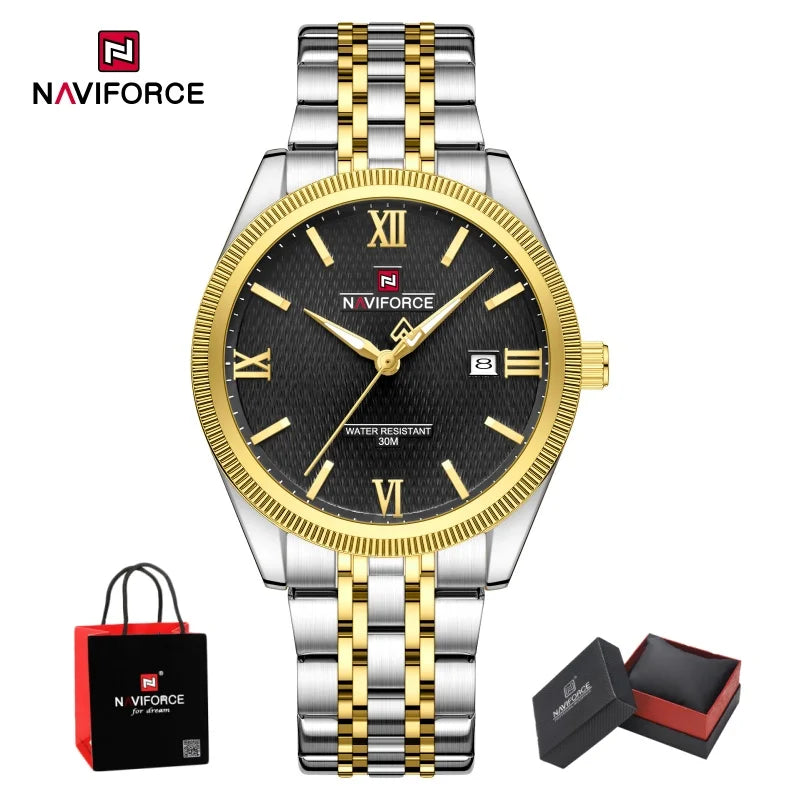 NAVIFORCE Men Elegant Business Stainless Steel Watch 30M Waterproof Luminous Hands Japan Movement Wristwatch Gifts box