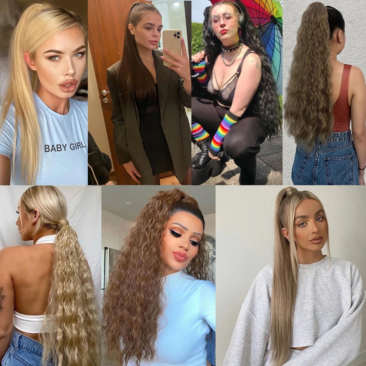 Straight Long Ponytail Extensions 22inch Natural Black Wrap Around Synthetic Hair Piece Pony Tail Hair Hairpieces for Women Girl