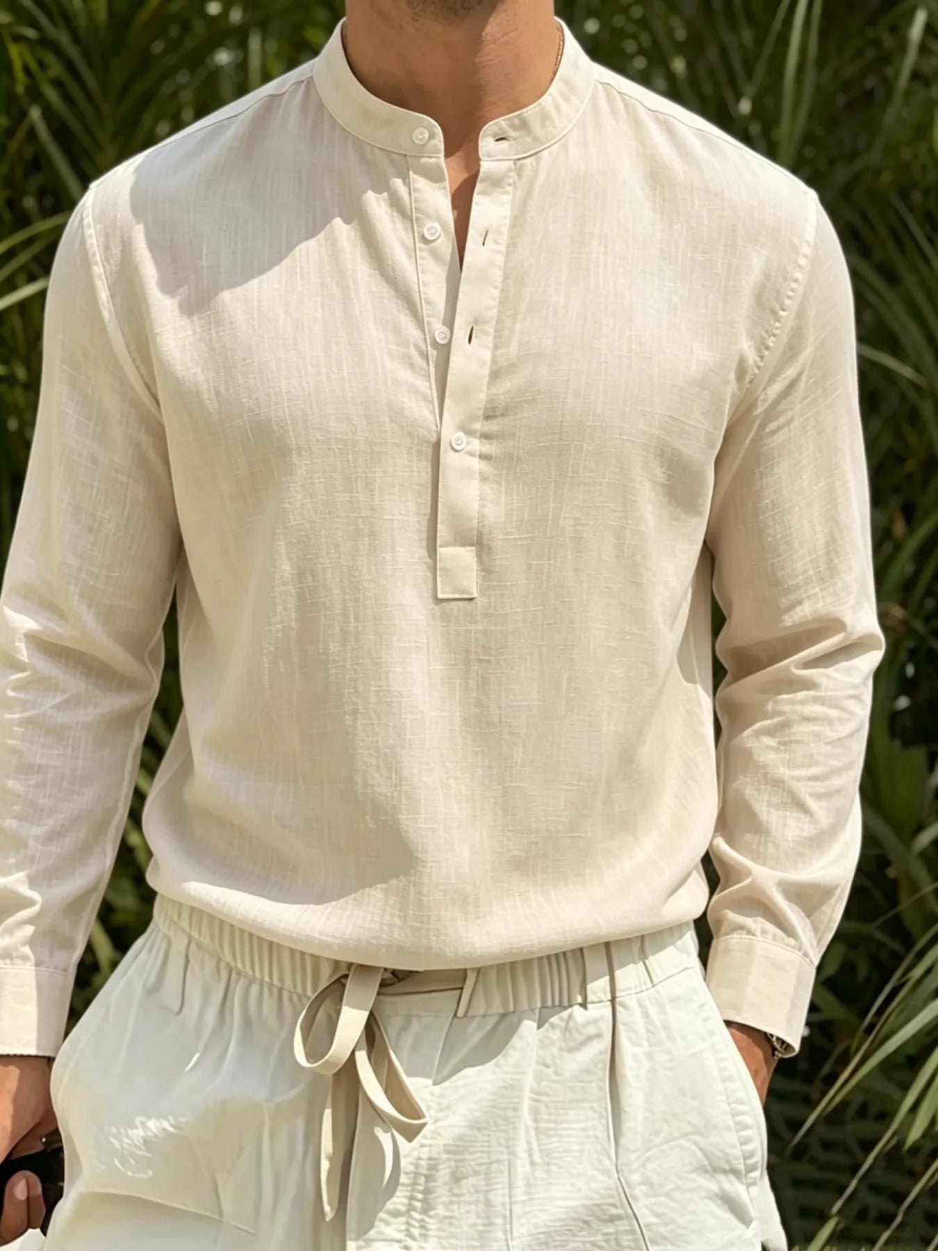 Men Cotton Linen Stand Collar Henley Long Sleeve Shirt Half Button Textured Casual Summer Top