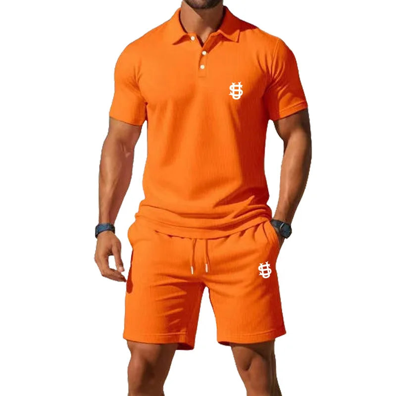 Men's summer sports outfit T-shirt top - two-piece set, including shorts, with a slim fit design and a gentleman's style