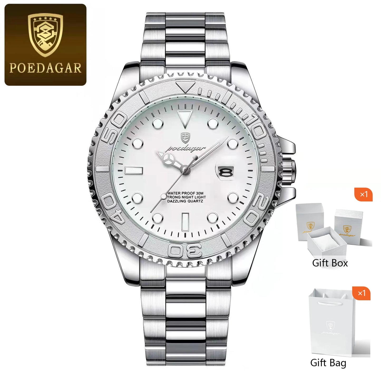 POEDAGAR Trendy Sport Man Watch Luminous Waterproof Stainless Steel Date Men Wristwatch Luxury Business Men's Quartz Watches+Box