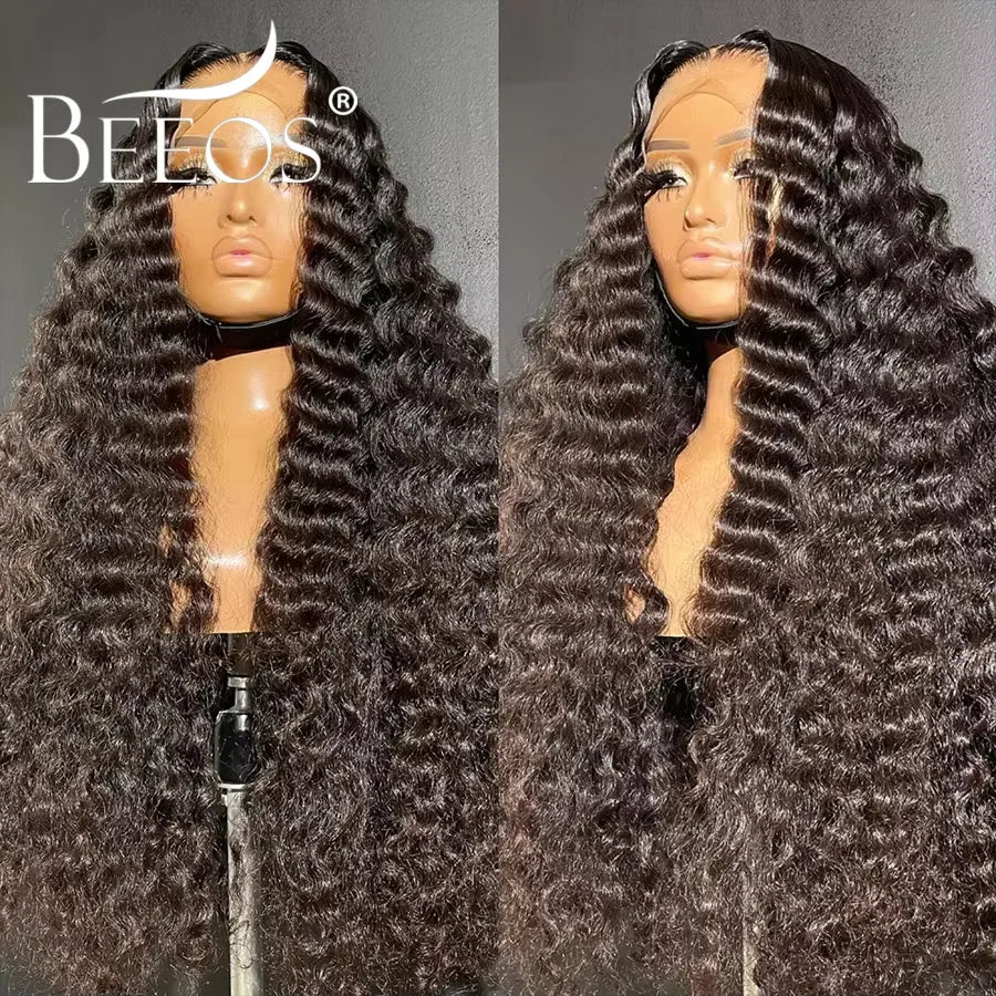 #1 Jet Black 13x6 HD Lace Frontal Human Hair Wigs Deep Wave Wigs Ultra Fitted Brazilian Virgin Hair Middle Part Bleached Knots