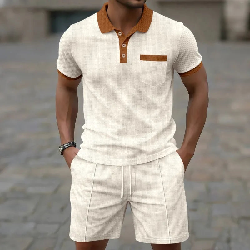 2026 Latest Summer Men's Fashion Casual Trendy Sports Contrast Collar Shirt and Drawstring Shorts 2-piece Fashion Casual Set