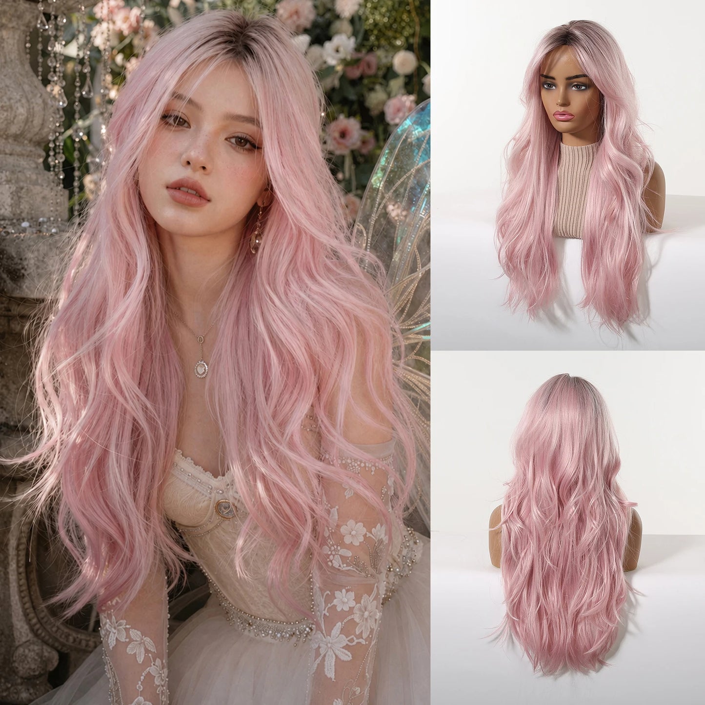 LOUIS FERRE Long Wavy Ombre Brown Wig with Bangs Synthetic Hair Wig Heat Resistant Daily Wear Office Party Cosplay Halloween