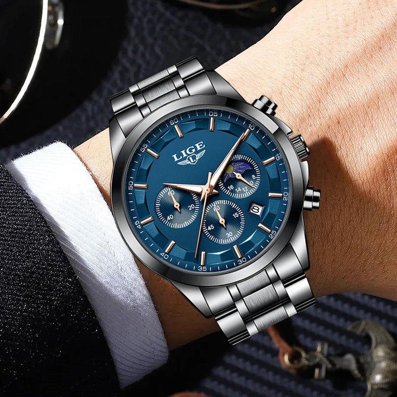 LIGE Luxury Fashion Quartz Man Watch Classic Business Auto Date Gentlemen Steel Band Moon Phase Waterproof Watches for Men Male