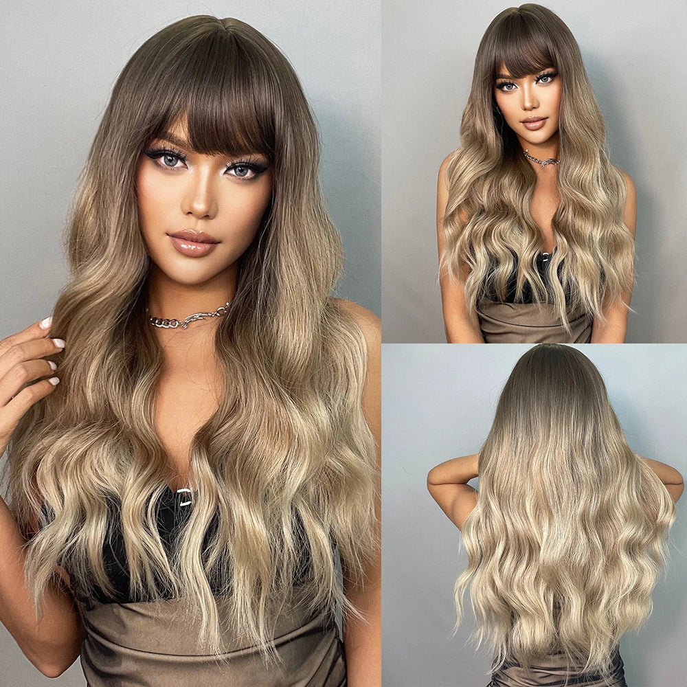 LOUIS FERRE Long Wavy Ombre Brown Wig with Bangs Synthetic Hair Wig Heat Resistant Daily Wear Office Party Cosplay Halloween