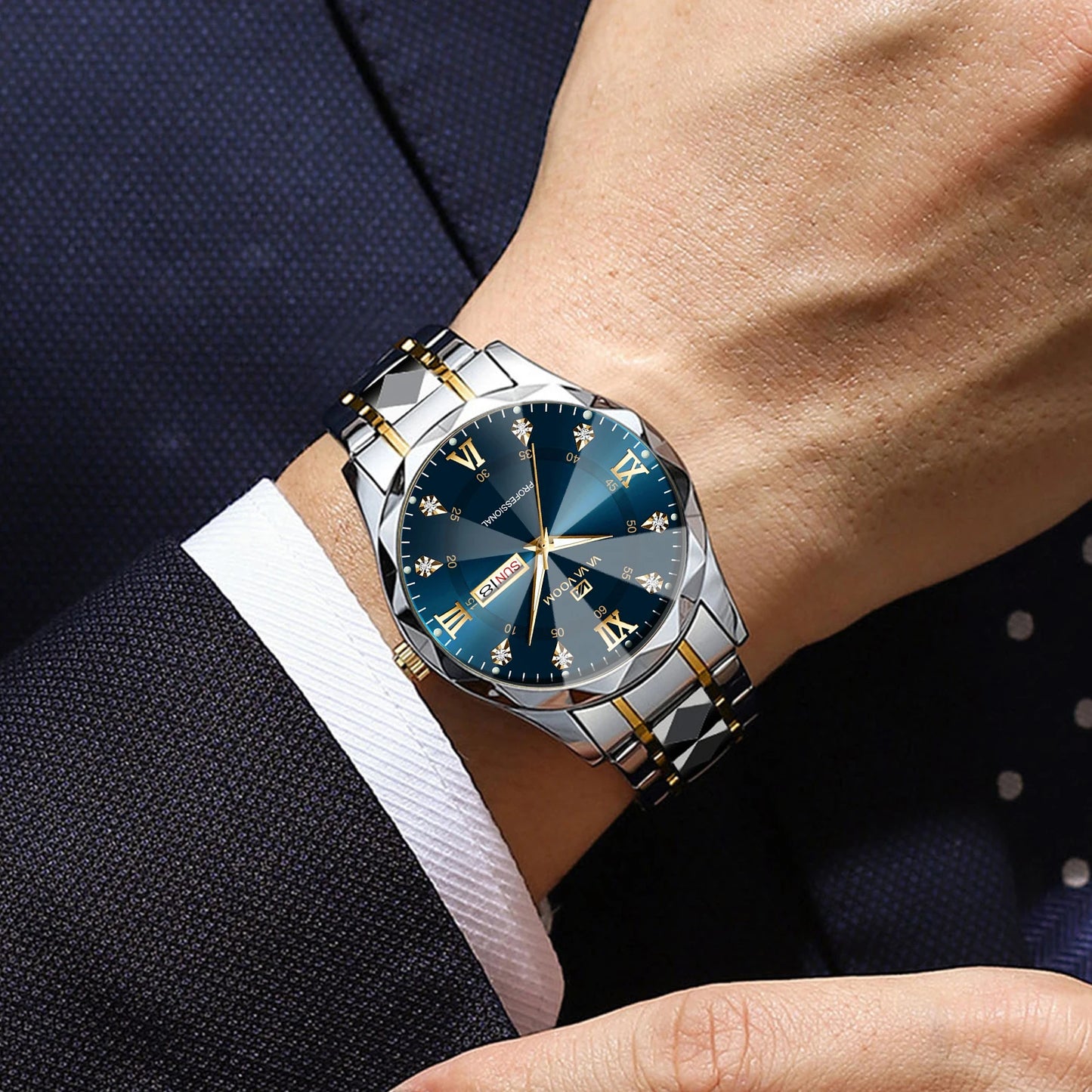 VA VA VOOM Hot Selling Original Blue Gold Quartz Watch Men Fashion High Quality Japanese Movement Gold Stainless Steel Fashion Clock Sports Gift Watch Men Rhombus Design Business Quartz Watch Men Fashion Gold Clock Sports Gift Watch for Men