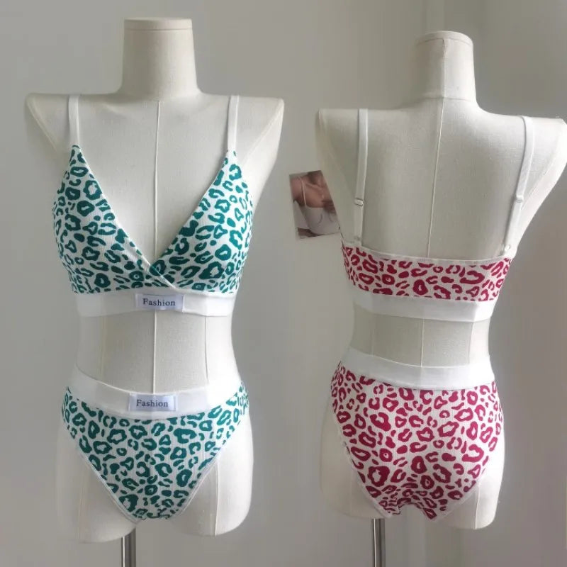 Women Push-Up Bra And Panties Set V-neck Non-wire Bra Low Waist Briefs Female Sexy Lingerie Cotton Leopard Print Underwear Set