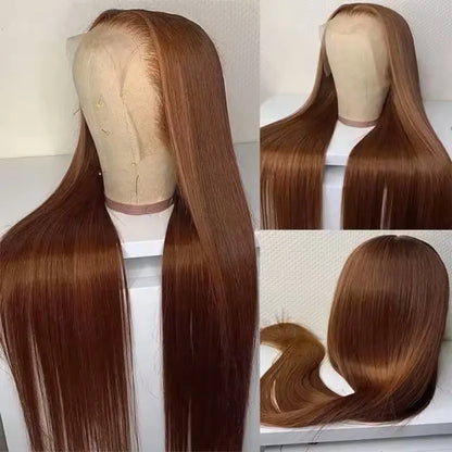 220% Density 34 Inch Chocolate Brown Bone Straight Lace Front Human Hair Wig Straight Wig 13x6 Transparent HD Lace Frontal Wigs