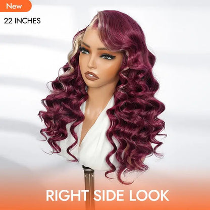 Alipearl Hair Side Part 13x4 Burgundy 99J Wig with Blonde Ombre Human Hair Lace Frontal Wig Ocean Wave Glueless Wig Pluck