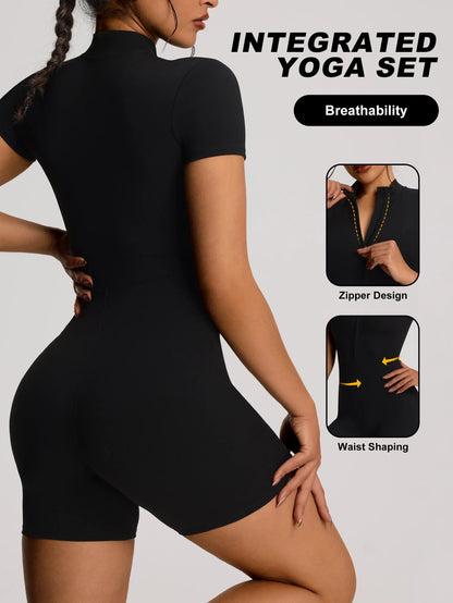 developed 1pc Solid Color Women's Sport Zip-up Stand-up Collar Casual Bodysuit Jumpsuit, Short Sleeves, Zipper Design