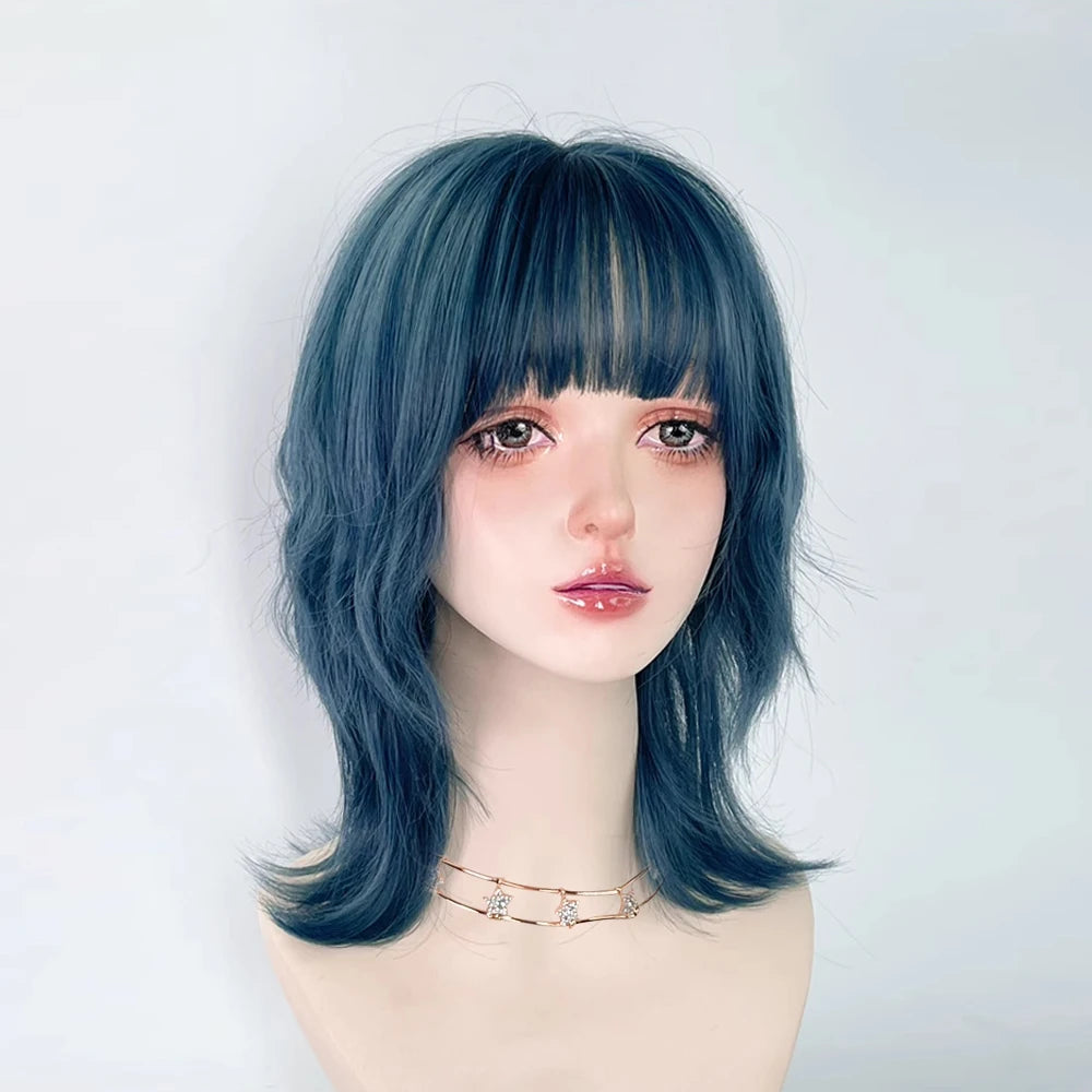 Synthetic Short Curly Blue Mullet Head Wig With Bangs Women Cosplay Anime Realistic Fake Hair For Daily Party
