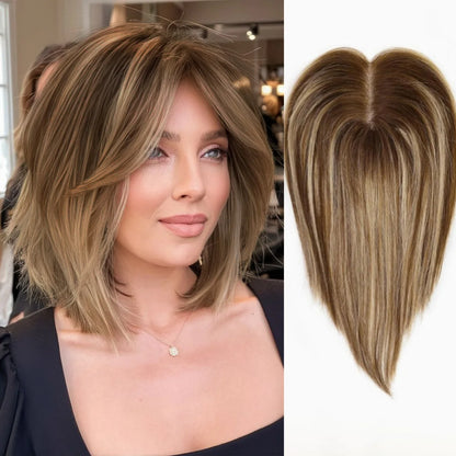 12 Inch Light Brown Ombre Middle Part Lace Front Topper 100% Remy Human Hair Topper Hair Pieces with Clips Extensions for Women