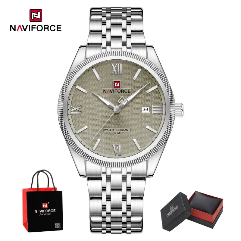 NAVIFORCE Men Elegant Business Stainless Steel Watch 30M Waterproof Luminous Hands Japan Movement Wristwatch Gifts box
