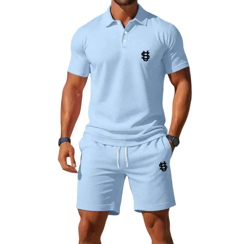 Men's summer sports outfit T-shirt top - two-piece set, including shorts, with a slim fit design and a gentleman's style