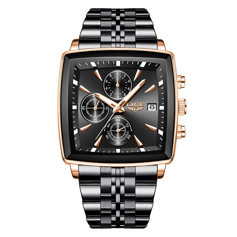 LIGE Business Men's Watches Square Waterproof Luminous Sports Quartz Watch Stainless Steel Strap Calendar Relogios Masculino+Box
