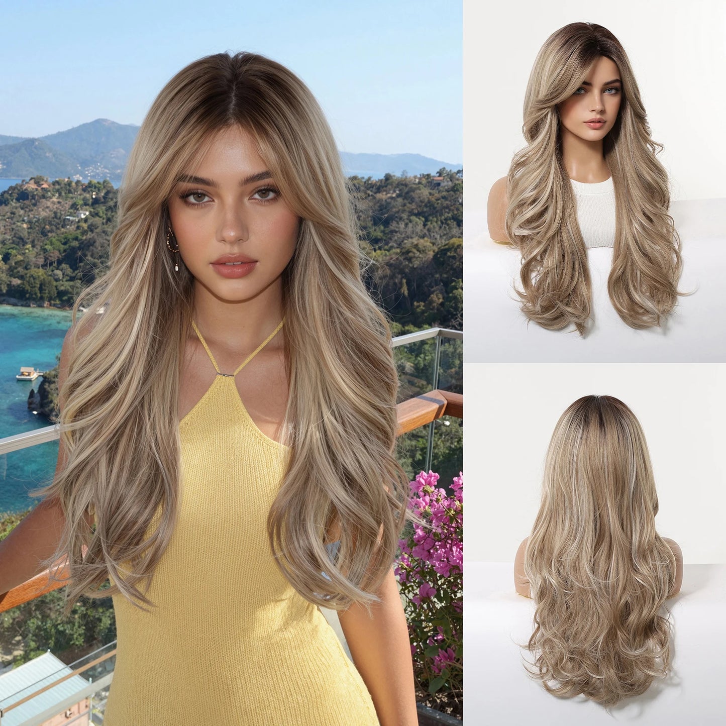 LOUIS FERRE Long Wavy Ombre Brown Wig with Bangs Synthetic Hair Wig Heat Resistant Daily Wear Office Party Cosplay Halloween