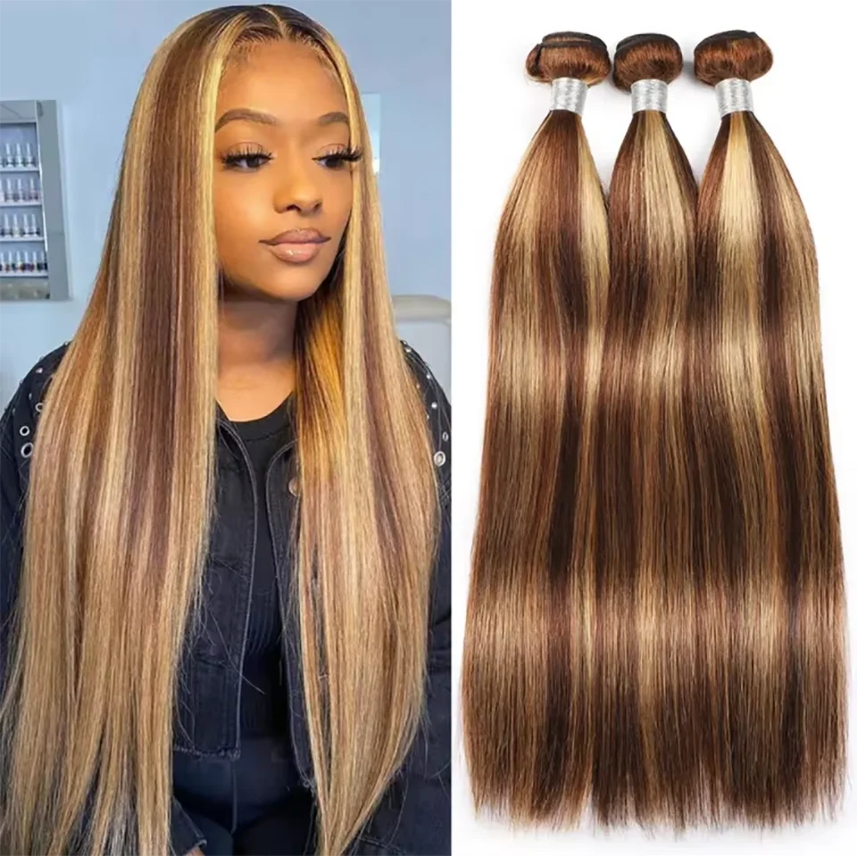 Human Hair Weaves Highlight Straight 1/3 Bundles P4/27 Honey Blonde Brown For Women Brazilian Straight Bundles Human Hair Virgin