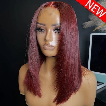 #99J Burgundy Layered straight Glueless Wig 14 Inch 13x6 HD Transparent Lace Frontal Wig 400 Density Human Hair Wigs Pre Plucked