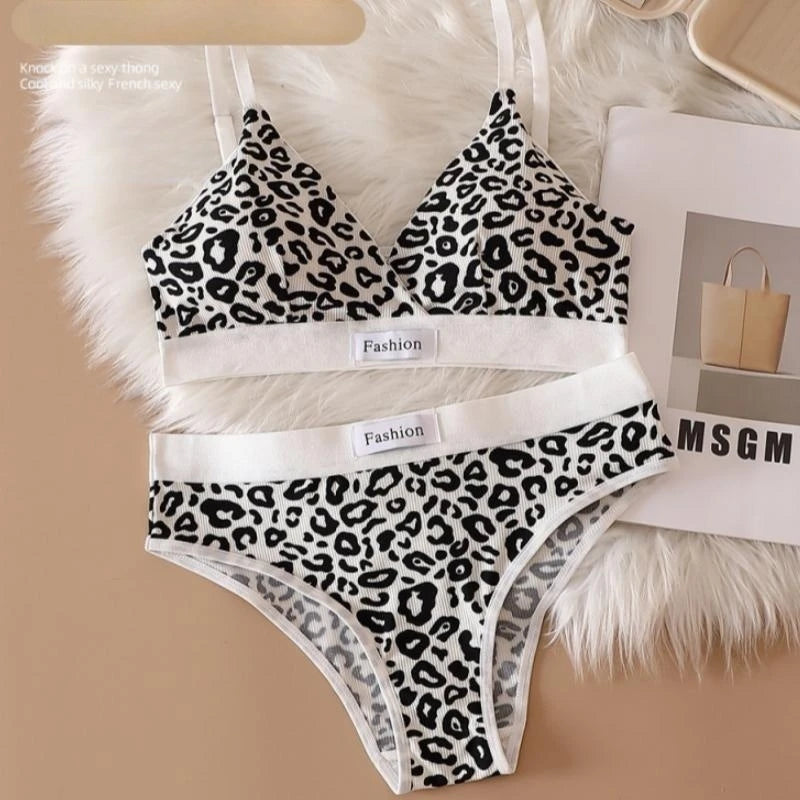 Women Push-Up Bra And Panties Set V-neck Non-wire Bra Low Waist Briefs Female Sexy Lingerie Cotton Leopard Print Underwear Set