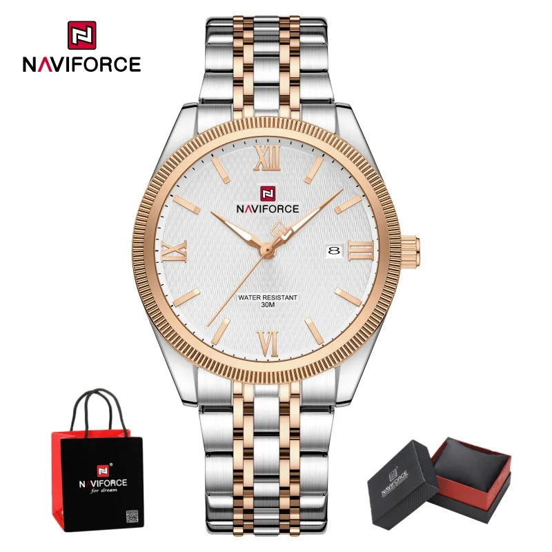 NAVIFORCE Men Elegant Business Stainless Steel Watch 30M Waterproof Luminous Hands Japan Movement Wristwatch Gifts box