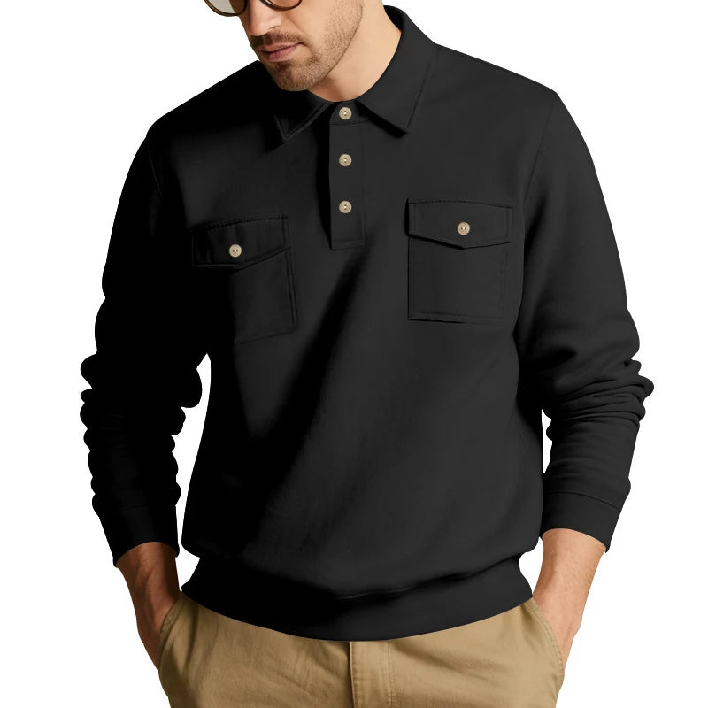 Men's 2026 European Size Heavyweight Sweatshirt, American Spring Autumn, Double Pocket Cargo Moto Style, Casual Turn-Down Collar