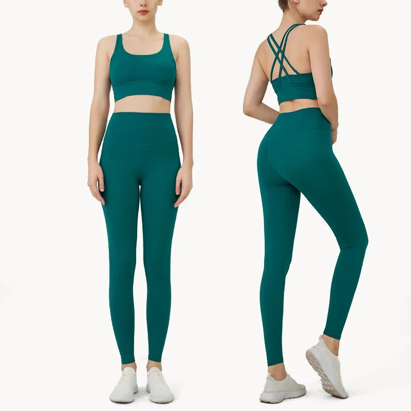 Summer New 2 Piece Yoga Clothes  Women's Tracksuit Athletic Cross Back Nylon Yoga Top Women Sports Bra Leggings Pilates Fitness