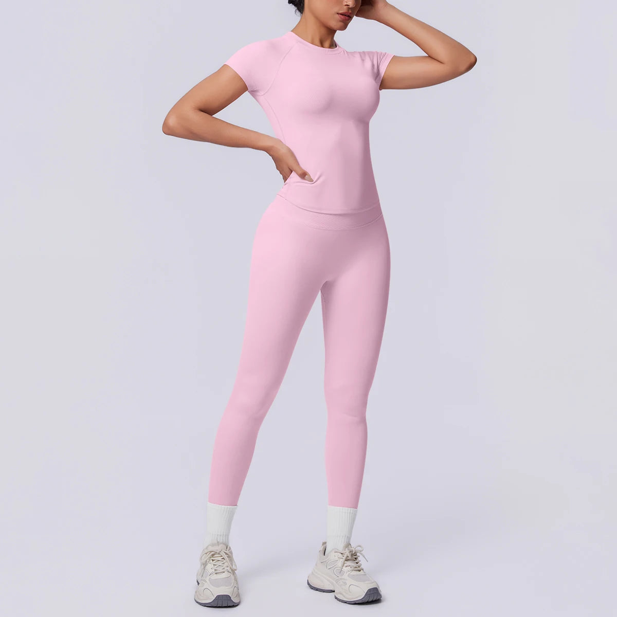 Rooftrellen New 2PCS/set Yoga Set Summer Quick Drying Fitness Sports Workout Top T-Shirt High Stretch Seamless Yoga Leggings Set