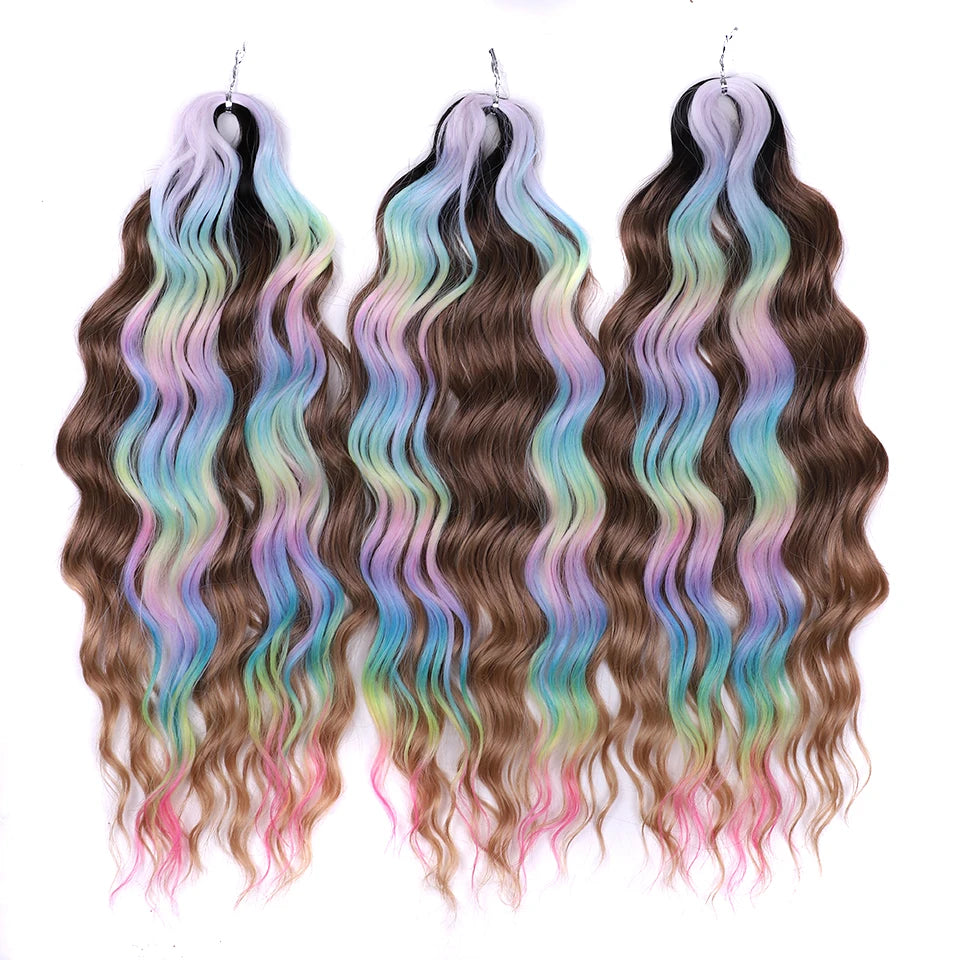 FREEDOM Synthetic Curly Braiding Hair Extensions 24 Inch/60 cm Long Deep Wavy Twist Crochet Braids Hair Ombre Brown Rainbow Hair