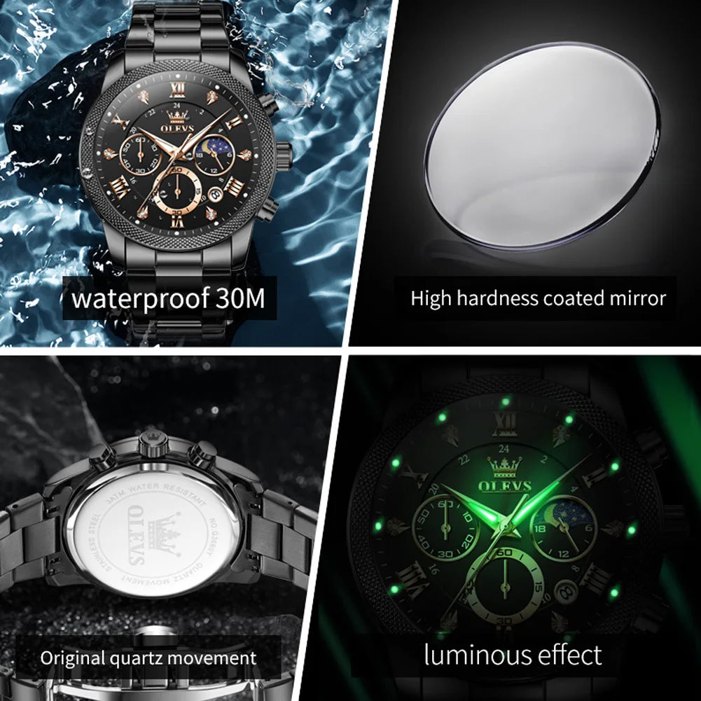 OLEVS Original Fashion Men's Watches Trendy 30m Waterproof Date Quartz Watch for Man luminous box moon phase Brand wristwatch