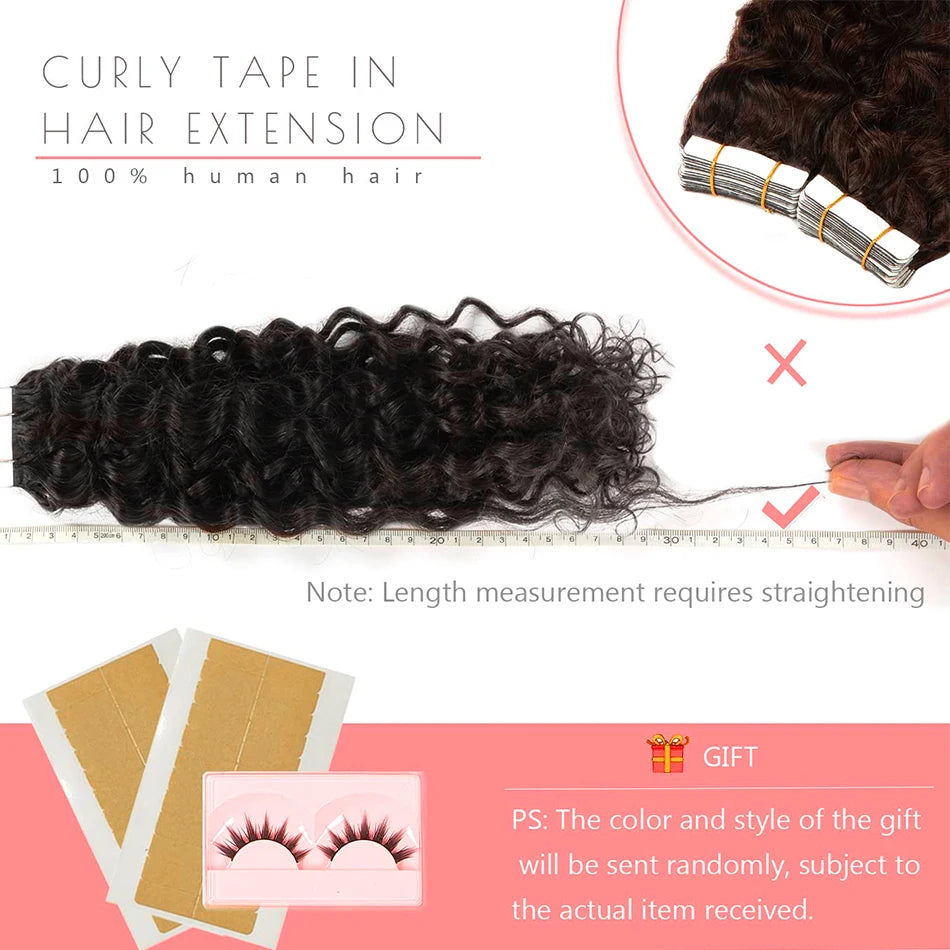 Water Wave Tape in Human Hair Extension Brazilian Hair Skin Weft Tape in Curly Human Hair 20 Pcs/Set Black Brown Blonde Color