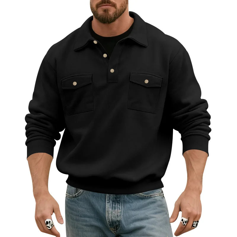 Men's 2026 European Size Heavyweight Sweatshirt, American Spring Autumn, Double Pocket Cargo Moto Style, Casual Turn-Down Collar