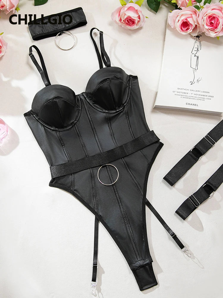 CHILLGIO Women Sexy PU Strappy Rompers Lingerie Ins Erotic Push Up Catsuits Fashion Faux Leather One Piece Combination Bodysuits