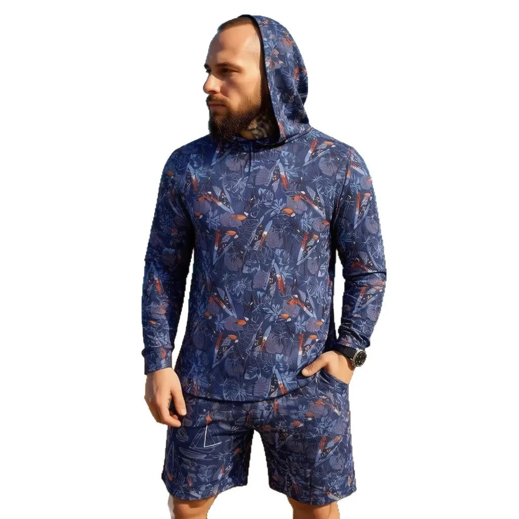 2026 New Camouflage Print Unisex Hooded Two Piece Set Long Sleeve Shirt Shorts Breathable Loose Summer Beach Streetwear Casual W