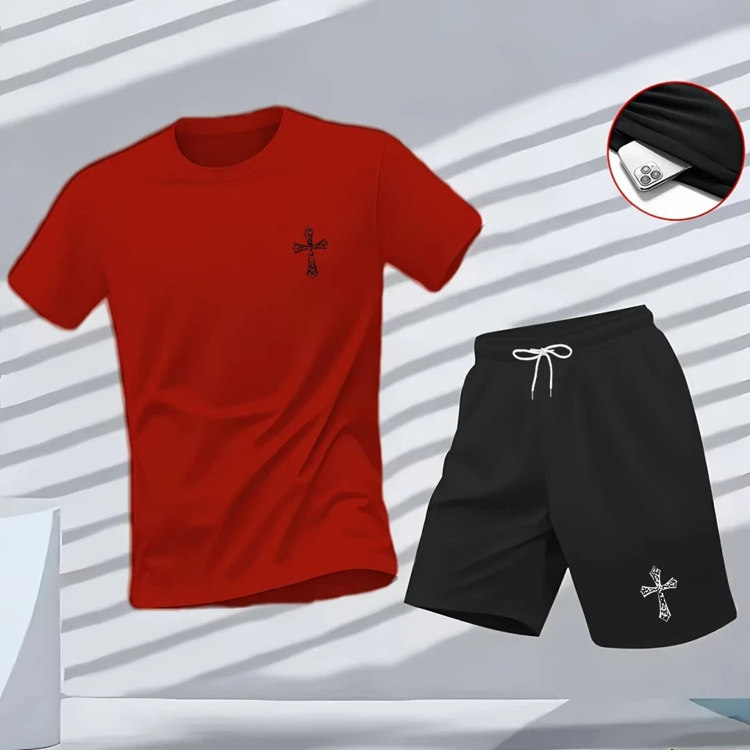 New high-quality men's summer T-shirt, Harajuku summer hip-hop men's fitness and sports round-neck top and shorts set, fashionab