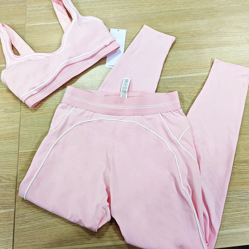Yoga Suit Women Sport Set Pilates Clothing High Waisted Elasticized Leggings Hip Lifting Pants Gather Top Vest Strip Workout Set