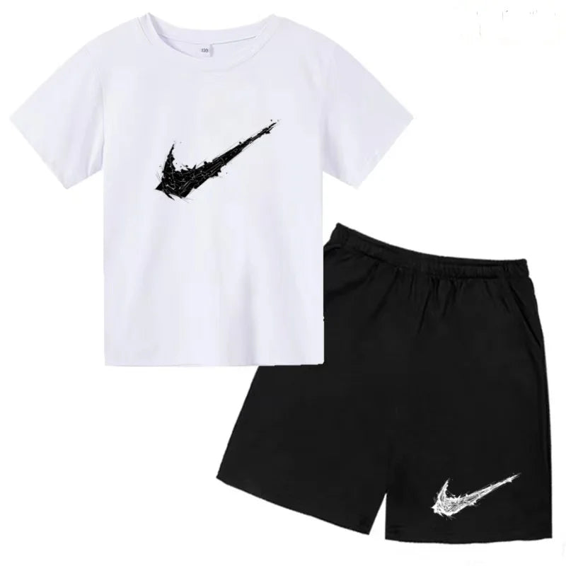 Summer Brand White T-shirt+Shorts Two-piece Set Kids New Clothing Fashion Letter Boy Girl3-13Yrs Sports Short-sleeved Casual Set