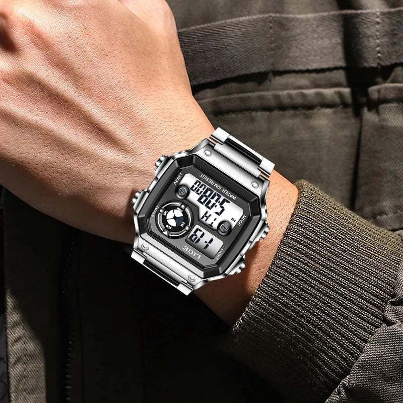 LIGE Fashion Casual Electronic Man Watch Sports Waterproof Luminous Alarm Stainless Steel Band Digital Men's Watches Chronograph