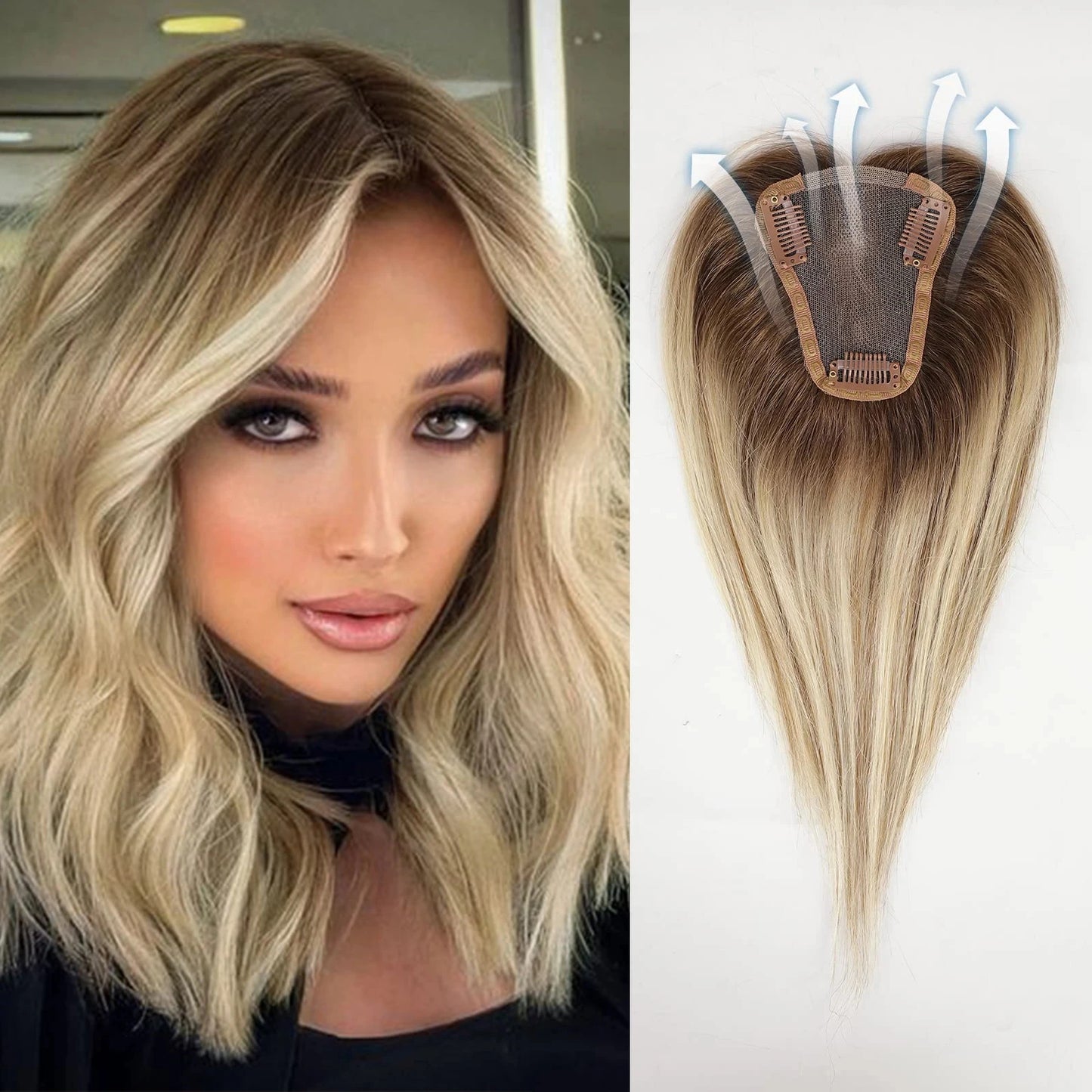 Brown Mixed Blonde Human Hair Toppers Middle Part 100% Remy Human Hair Straight Lace Base Clip in Hairpieces for Women Loss Hair