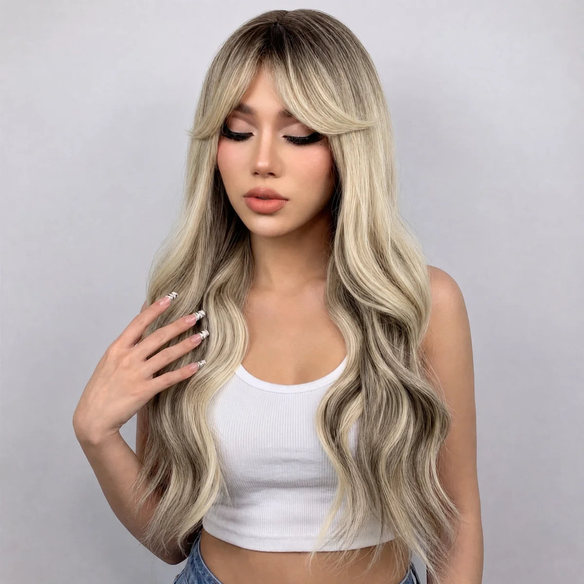 REEWES Ombre Blonde Long Black Wavy Synthetic Wig With Bang Daily Wear Anime Cosplay