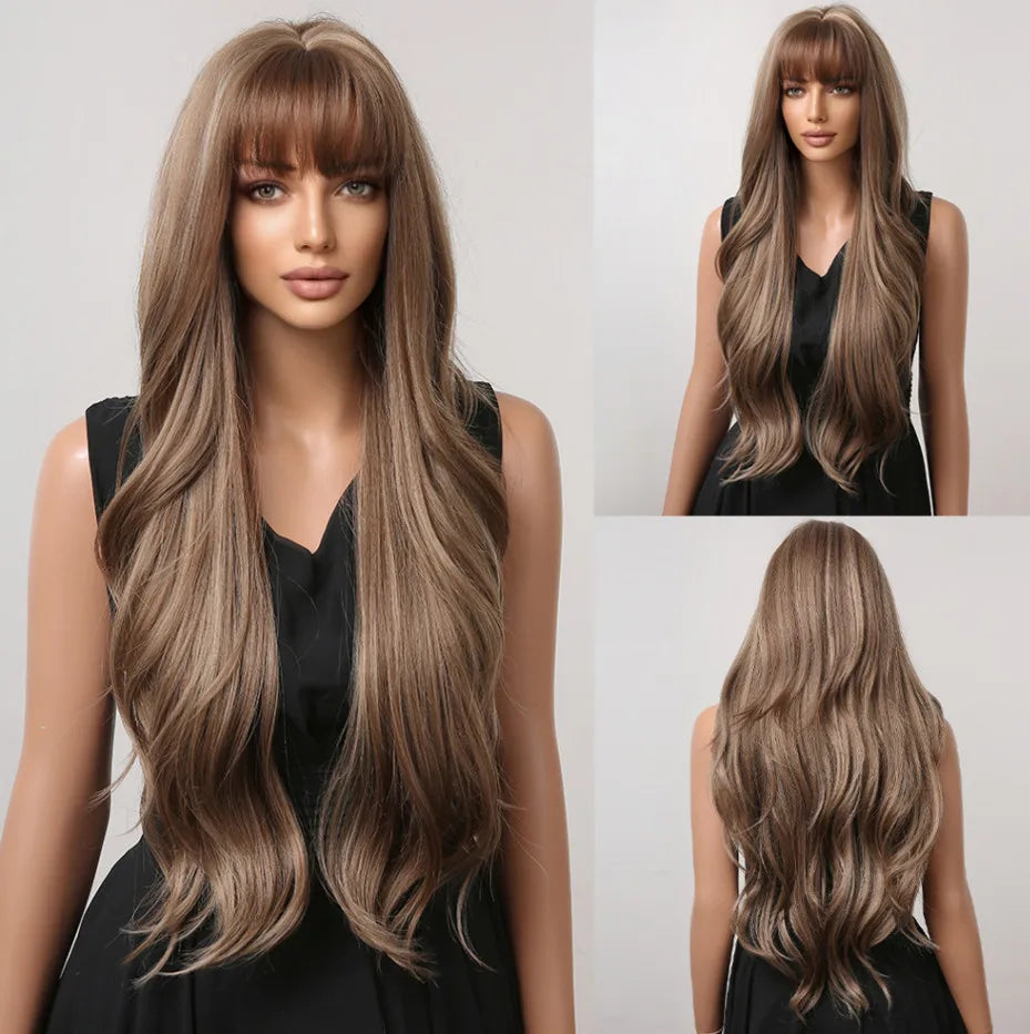LOUIS FERRE Long Wavy Ombre Brown Wig with Bangs Synthetic Hair Wig Heat Resistant Daily Wear Office Party Cosplay Halloween