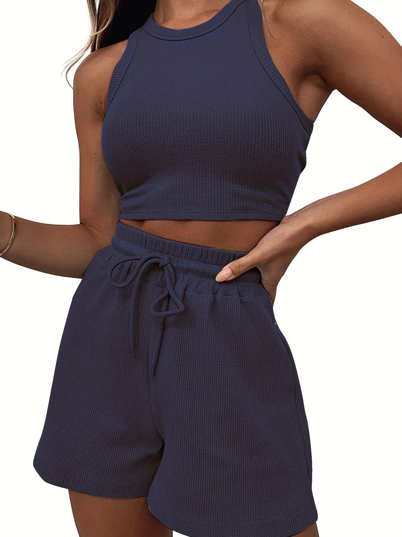 Hot Sells Women's Shorts 2-piece Set Waffle Short Vest Sports Running Elastic Waist Drawstring Summer Fashion Set for Female