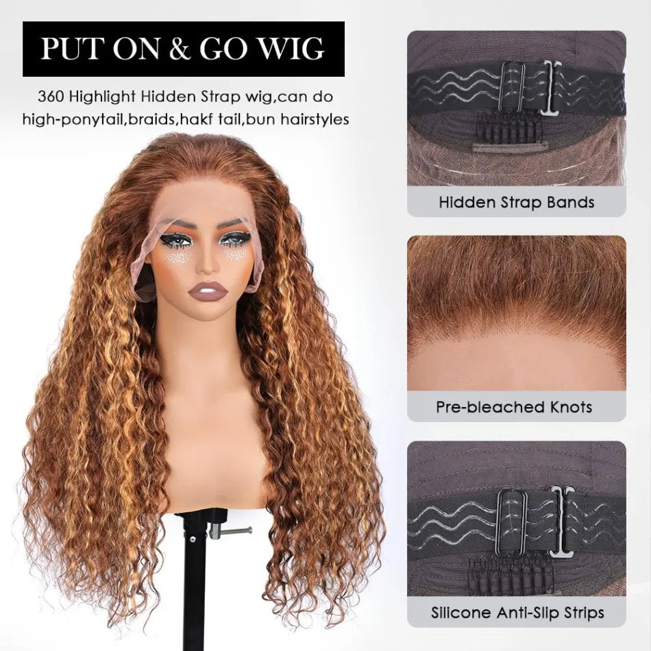 Highlight Ombre Hidden Strap 360 Drawstring Wigs Human Hair Pre Plucked Pre Bleached 260 Density Deep Wave Full Lace Frontal Wig