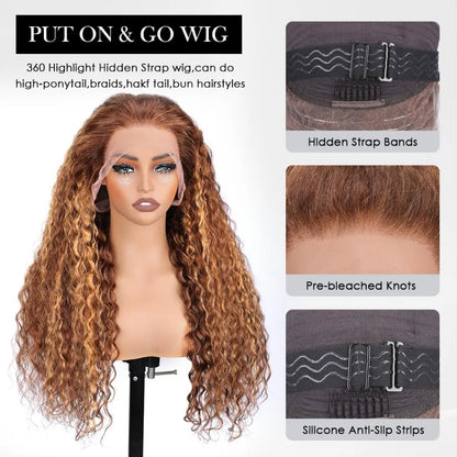 Highlight Ombre Hidden Strap 360 Drawstring Wigs Human Hair Pre Plucked Pre Bleached 260 Density Deep Wave Full Lace Frontal Wig