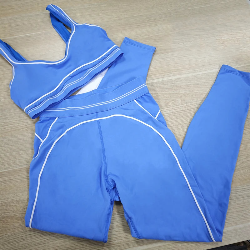 Yoga Suit Women Sport Set Pilates Clothing High Waisted Elasticized Leggings Hip Lifting Pants Gather Top Vest Strip Workout Set
