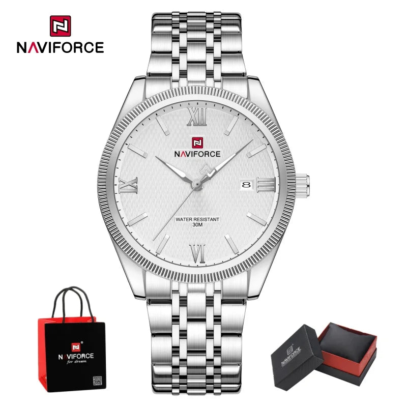 NAVIFORCE Men Elegant Business Stainless Steel Watch 30M Waterproof Luminous Hands Japan Movement Wristwatch Gifts box